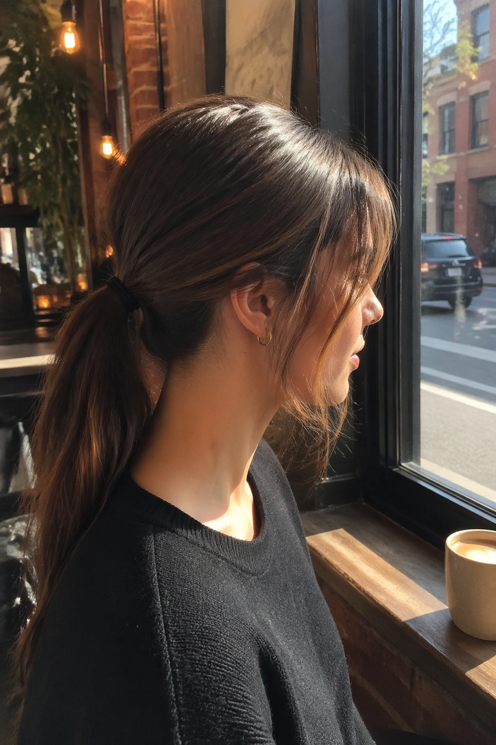 Side profile of low V ponytail with face-framing pieces at a cafe.