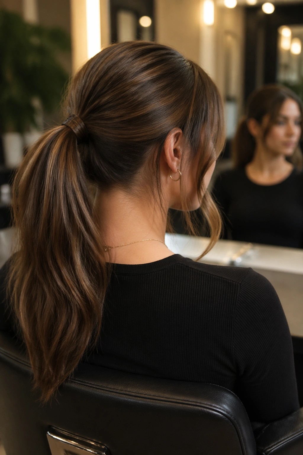 Over-the-shoulder view of Soft Face-Framing Mid Ponytail in a salon