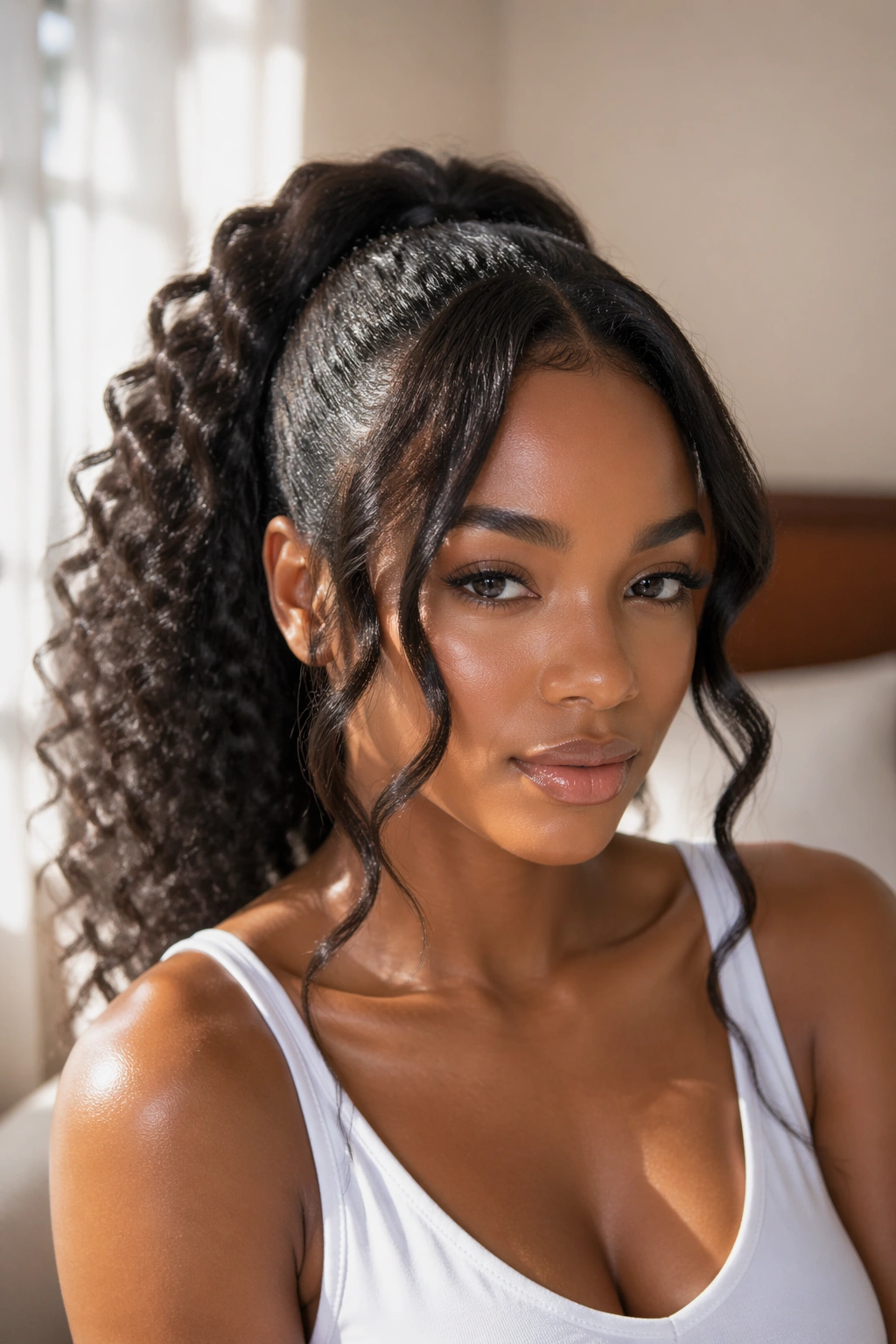 Real woman with romantic face-framing ponytail showing soft front curls near temples.