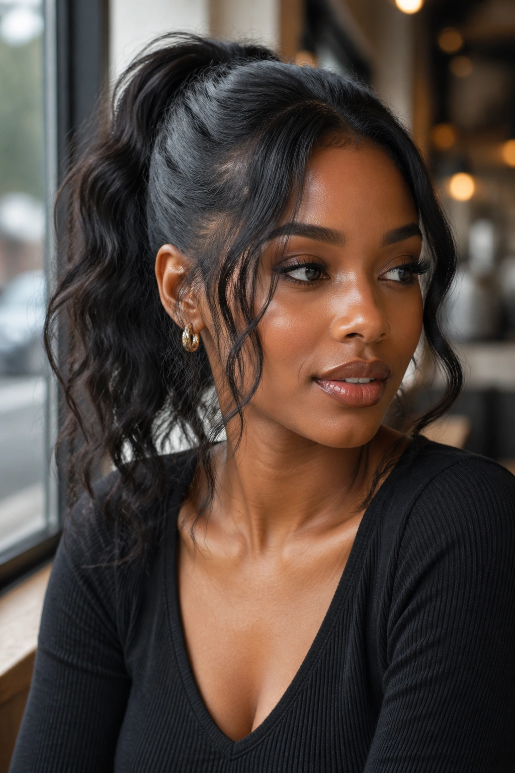 Real woman with face-framing ponytail and wispy front pieces in daylight