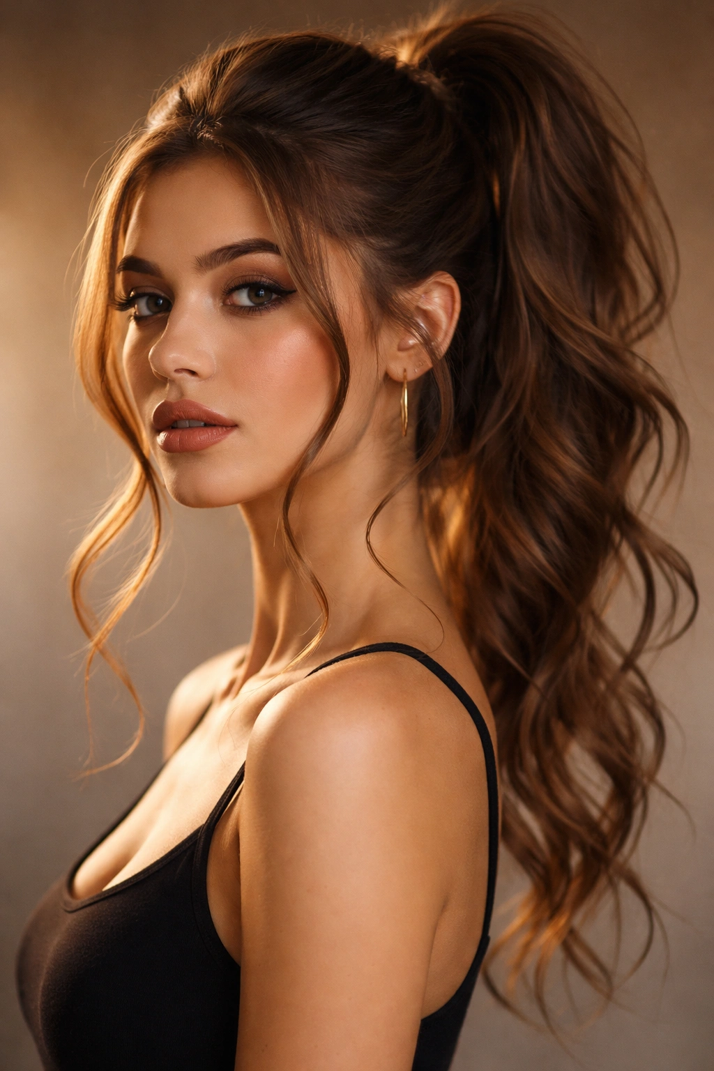 Ponytail with face-framing tendrils around the jawline.