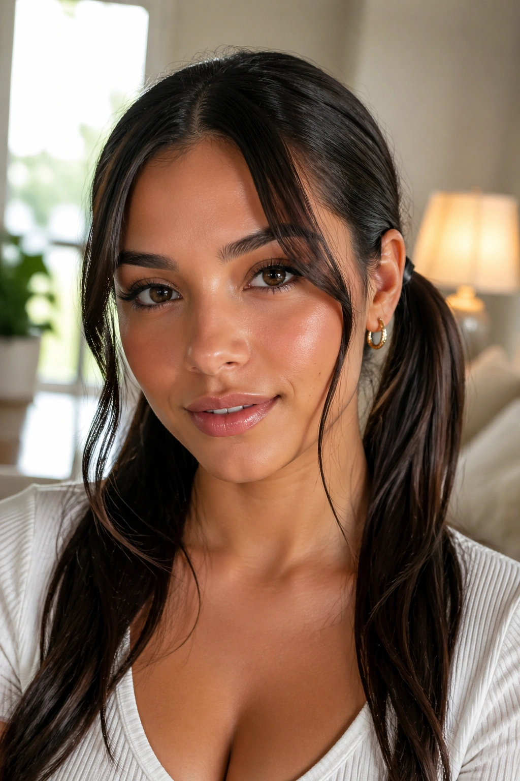 Real woman with face-framing double ponytails.