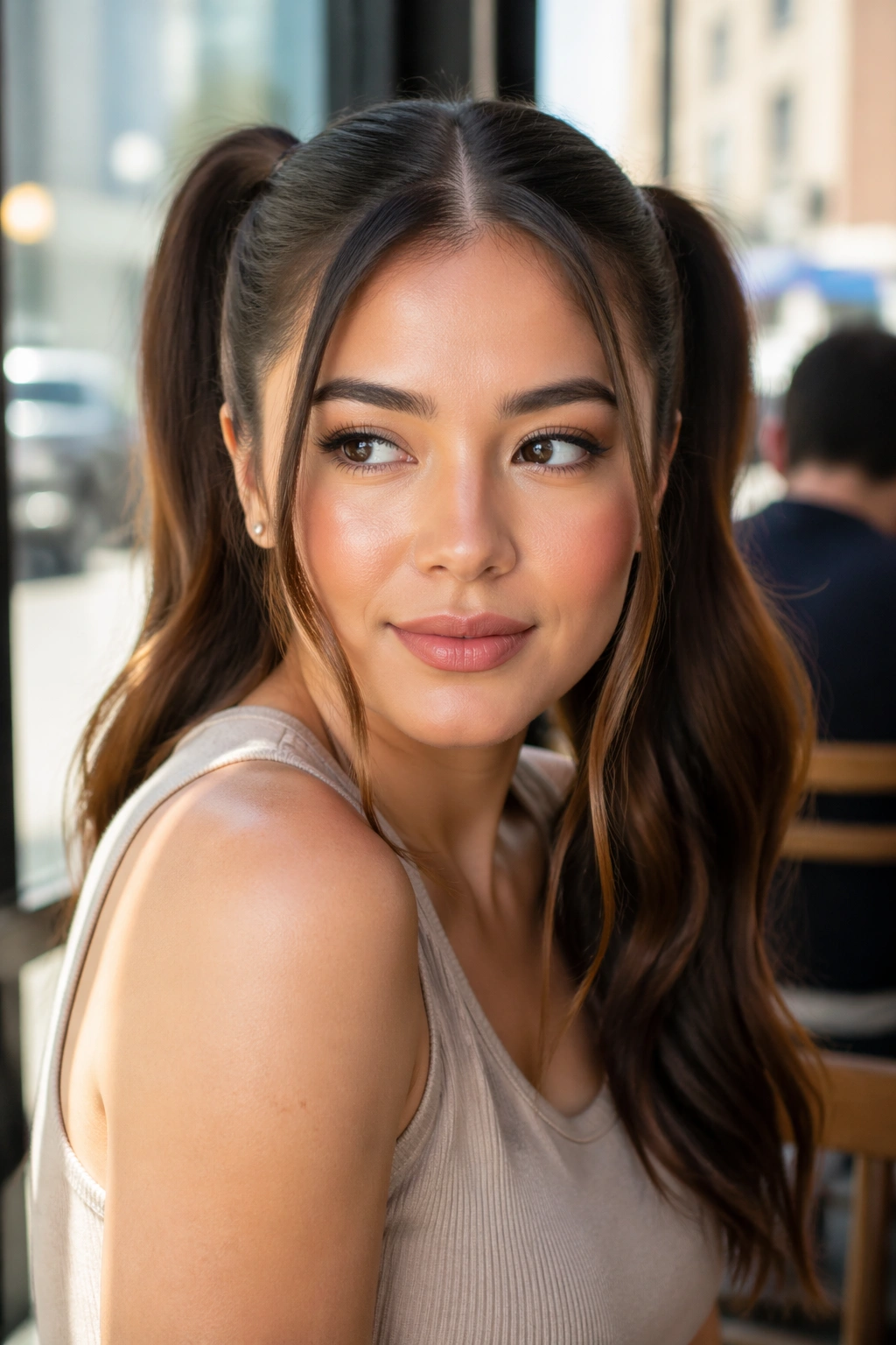 Close-up of a real woman with face-framing pieces and polished double ponytails at a cafe window.