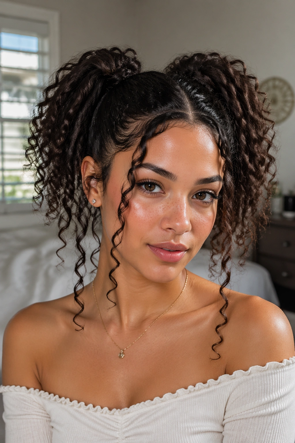 Close-up of face-framing double ponytails with tendrils on a real person