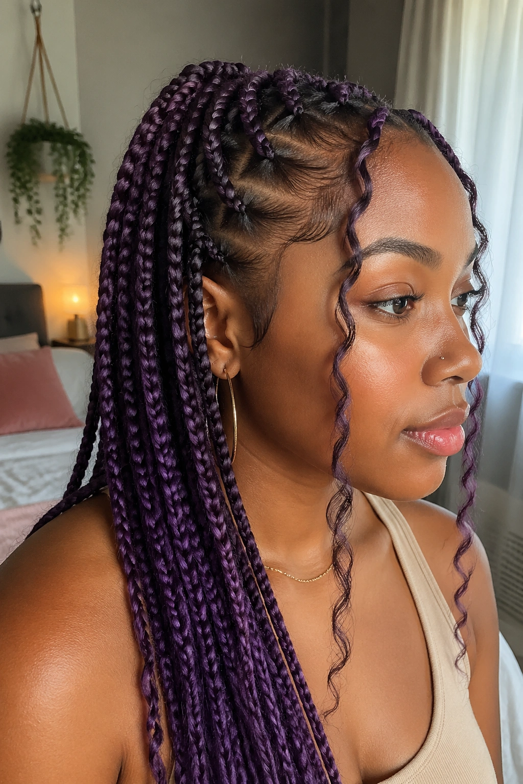 Close-up of face-framing purple boho box braids with curly pieces on a real person