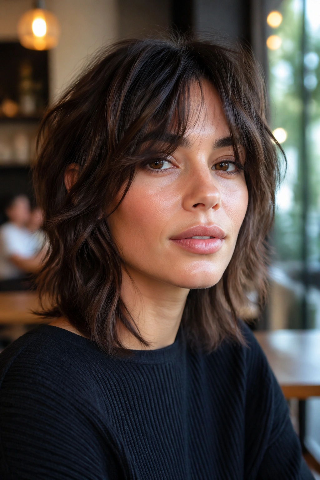 Portrait of a person with face-framing shag hairstyle