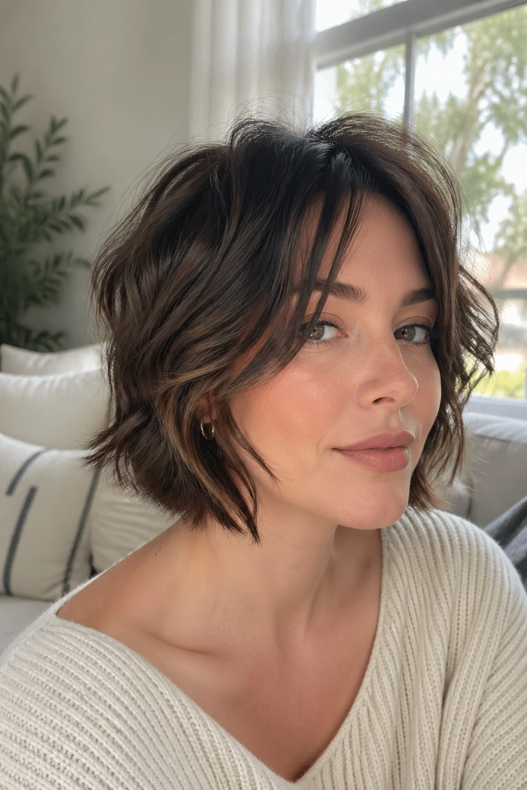 Close-up of a real woman with face-framing shag bob starting below the cheekbone