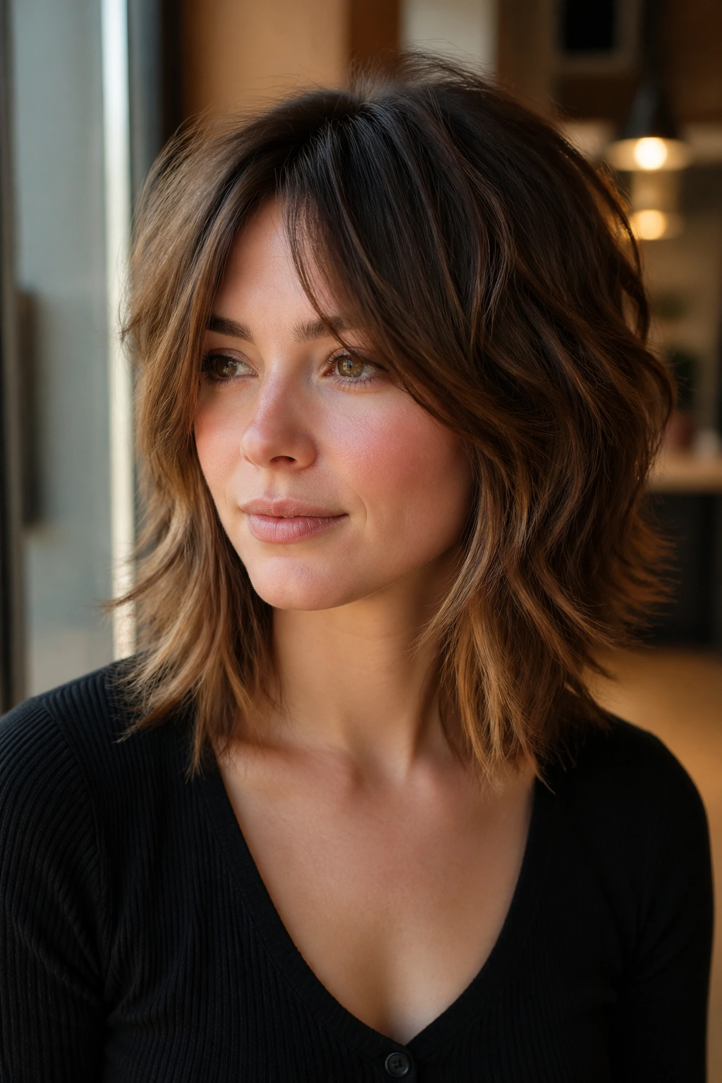 Close-up of a real woman with face-framing shag and shortened crown