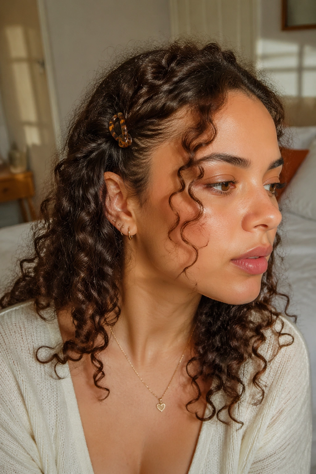 Face-framing temple clip in curly hair with front curls