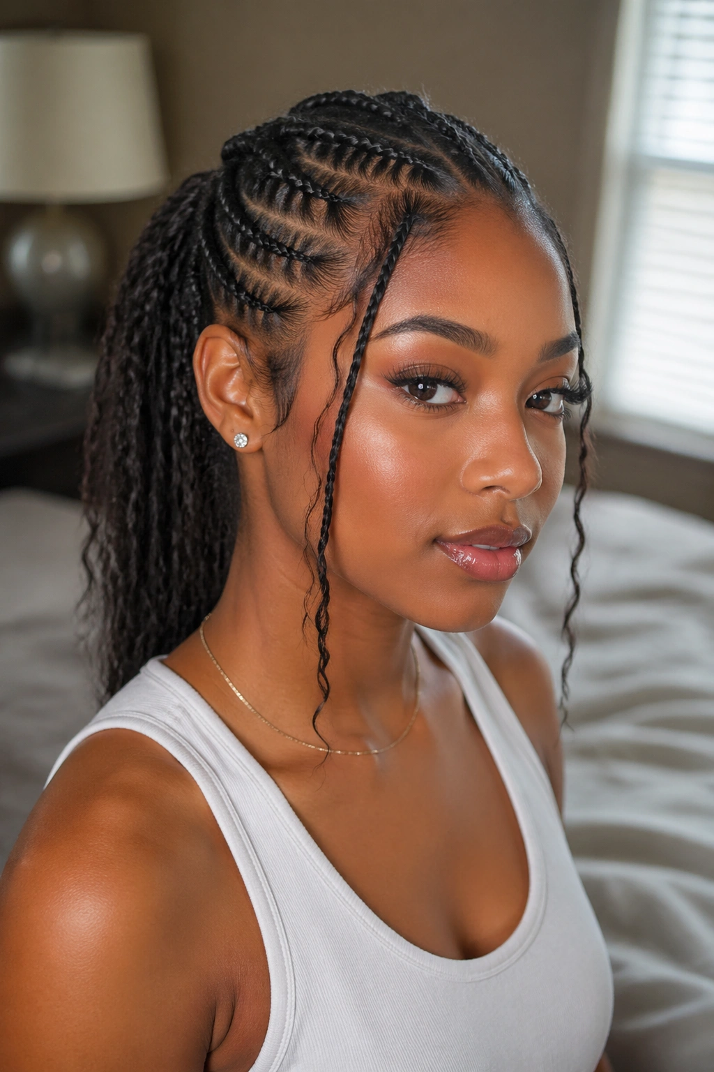 Close-up of a real Black woman with face-framing tendril braids in mid ponytail
