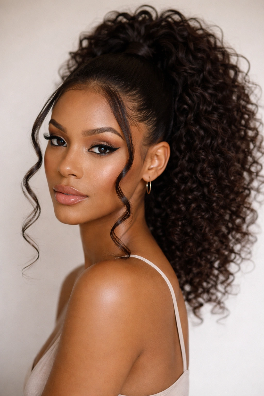 Face-framing tendrils curling around the face with a high ponytail