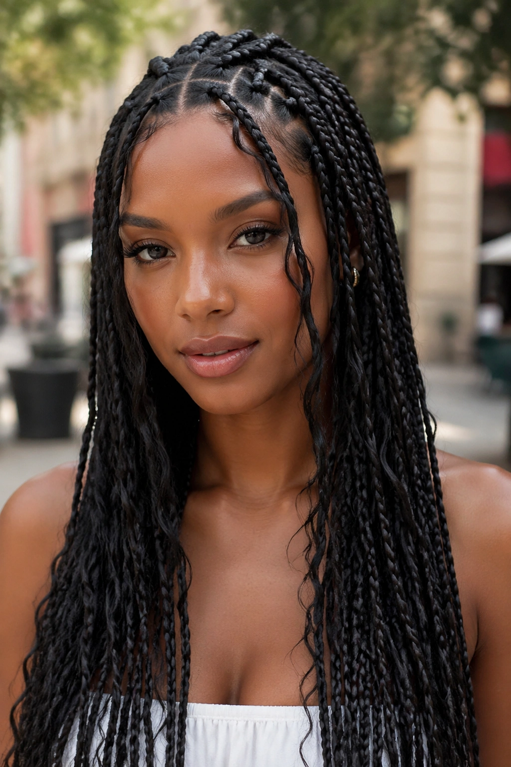 Woman with long boho box braids and face-framing tendrils in daylight