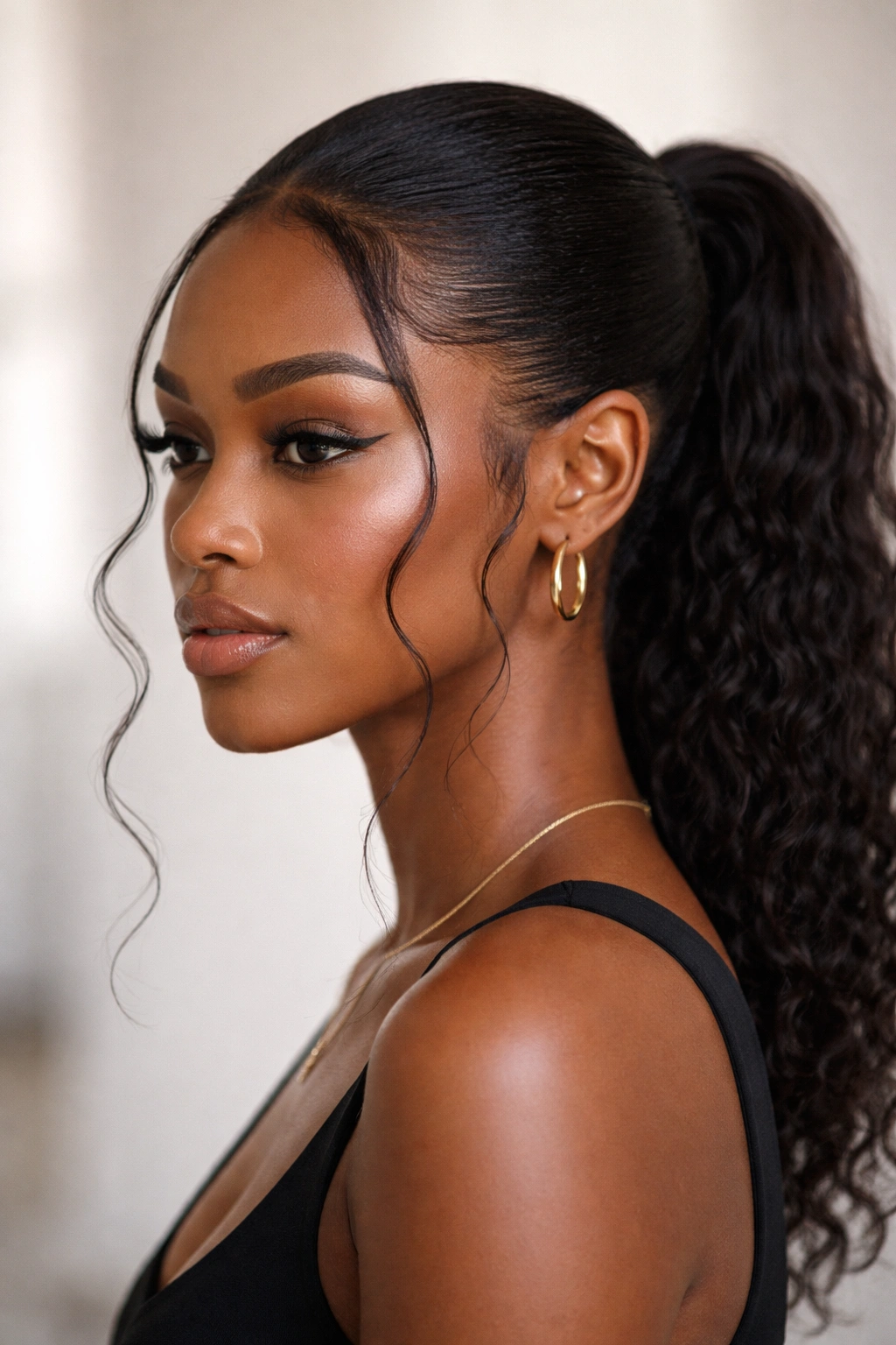 Slicked-back ponytail with face-framing tendrils around the temples
