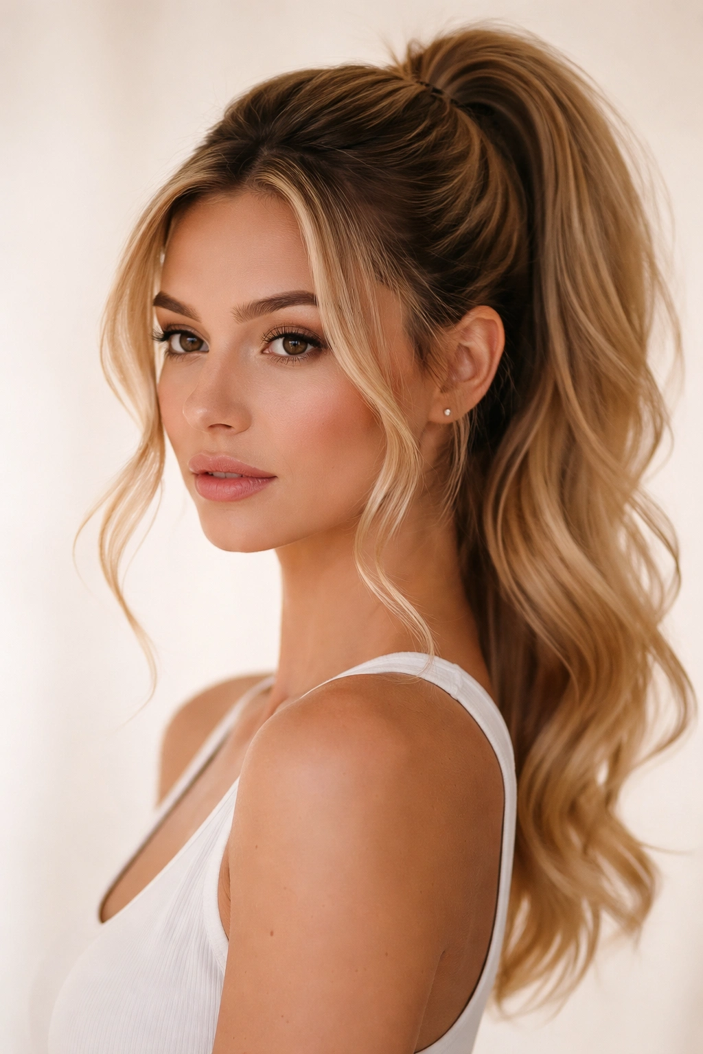 Close-up of face-framing tendrils in a ponytail with wispy front pieces and soft waves