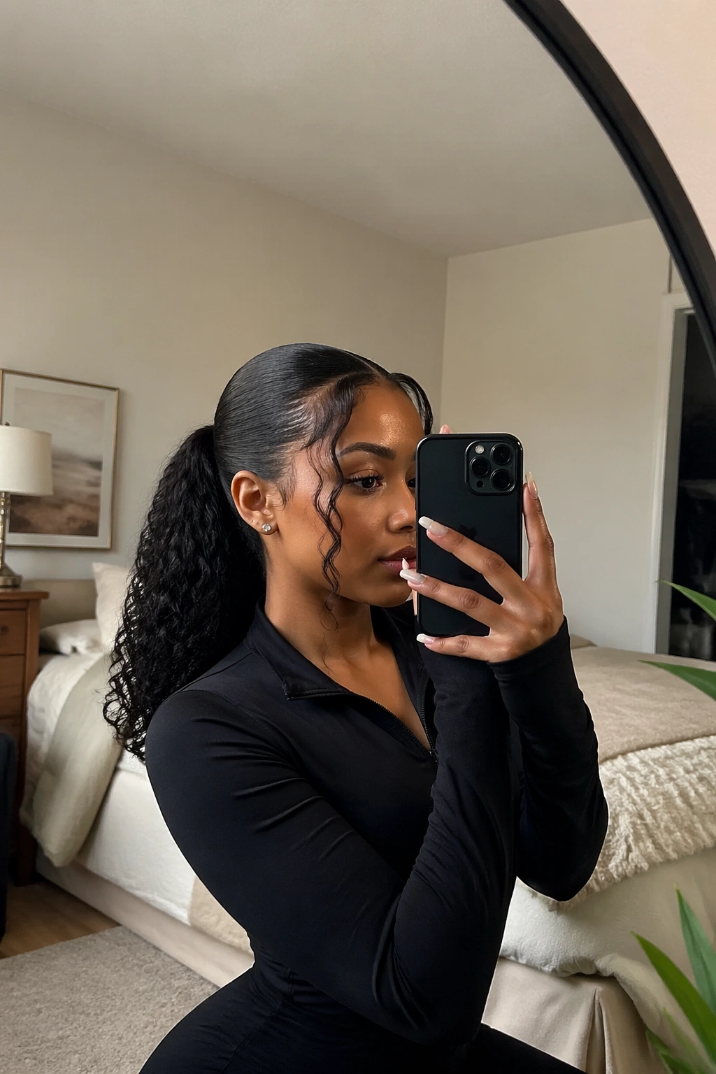 Face-framing tendrils mid ponytail in mirror selfie