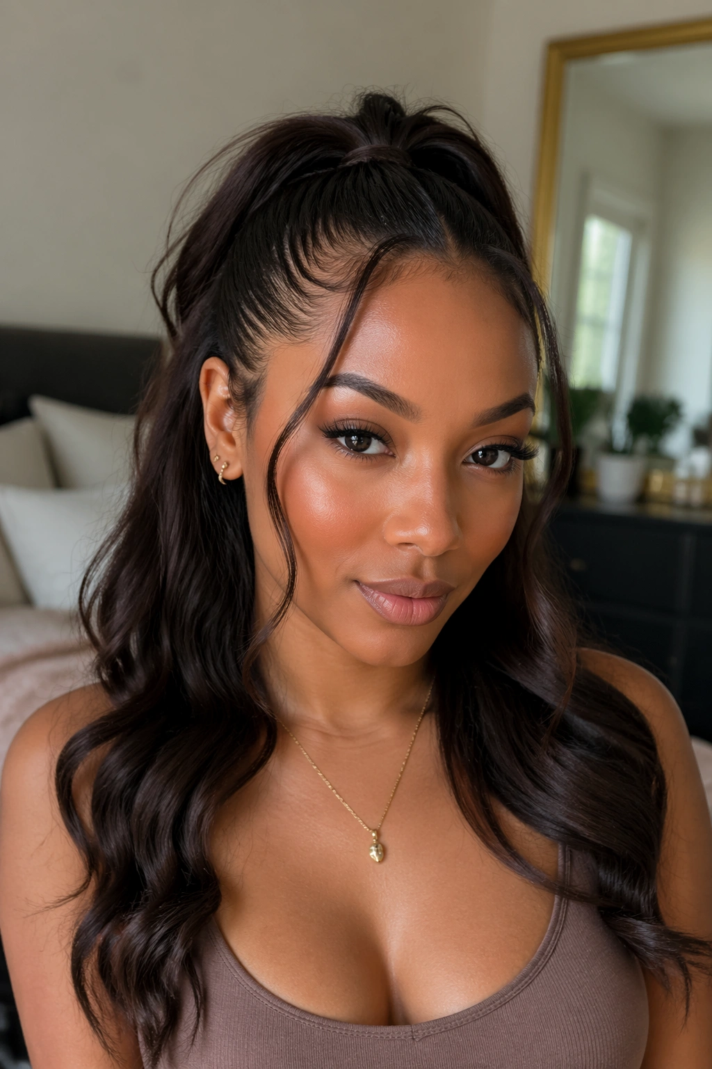 Close-up of a real woman with face-framing tendrils in a half-up ponytail.