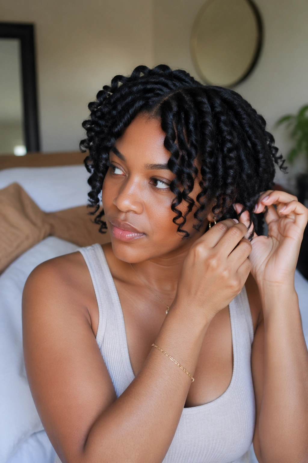 Face-framing twists being adjusted in morning routine