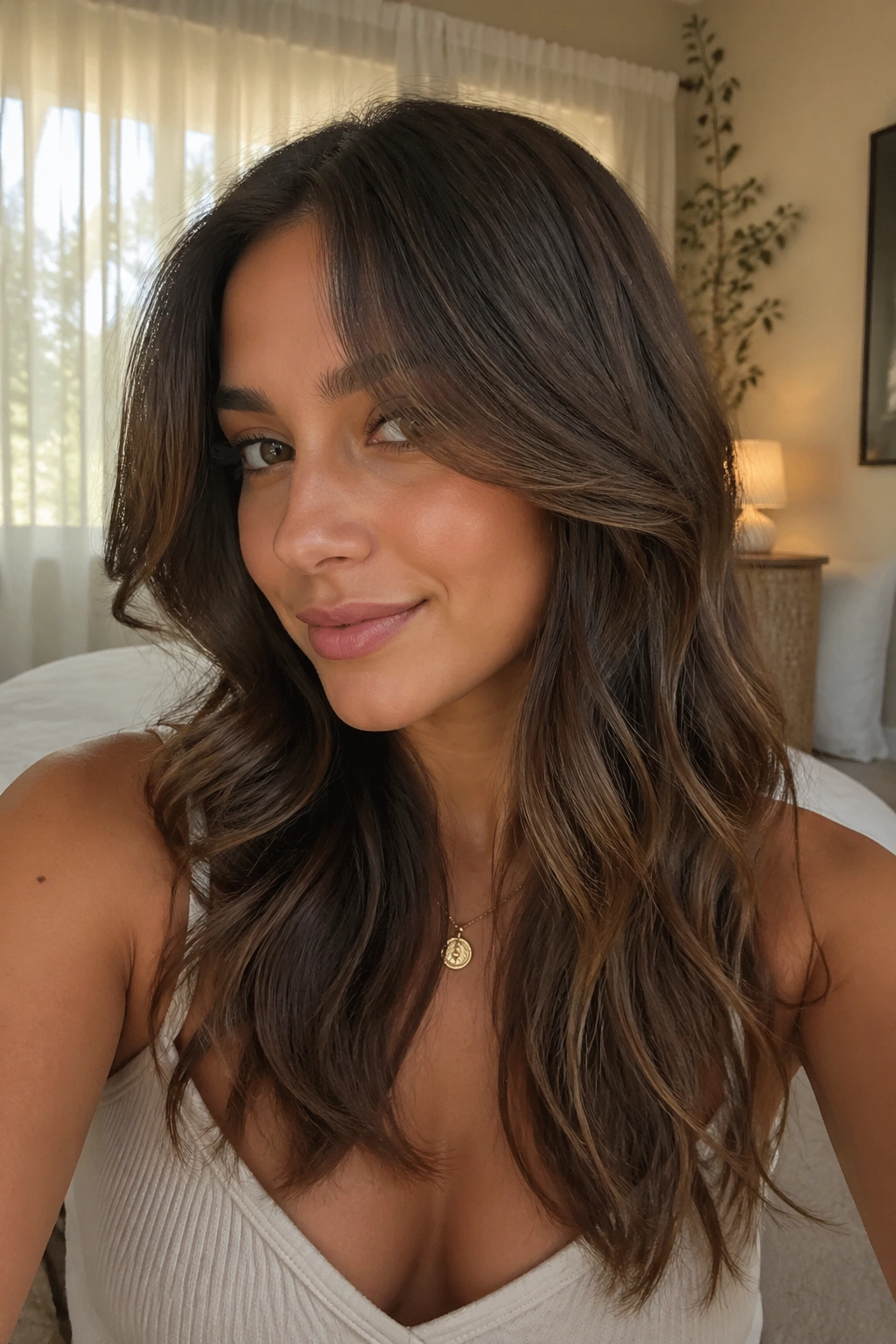 Close-up of a woman with face-framing waves and long curtain bangs in natural window light