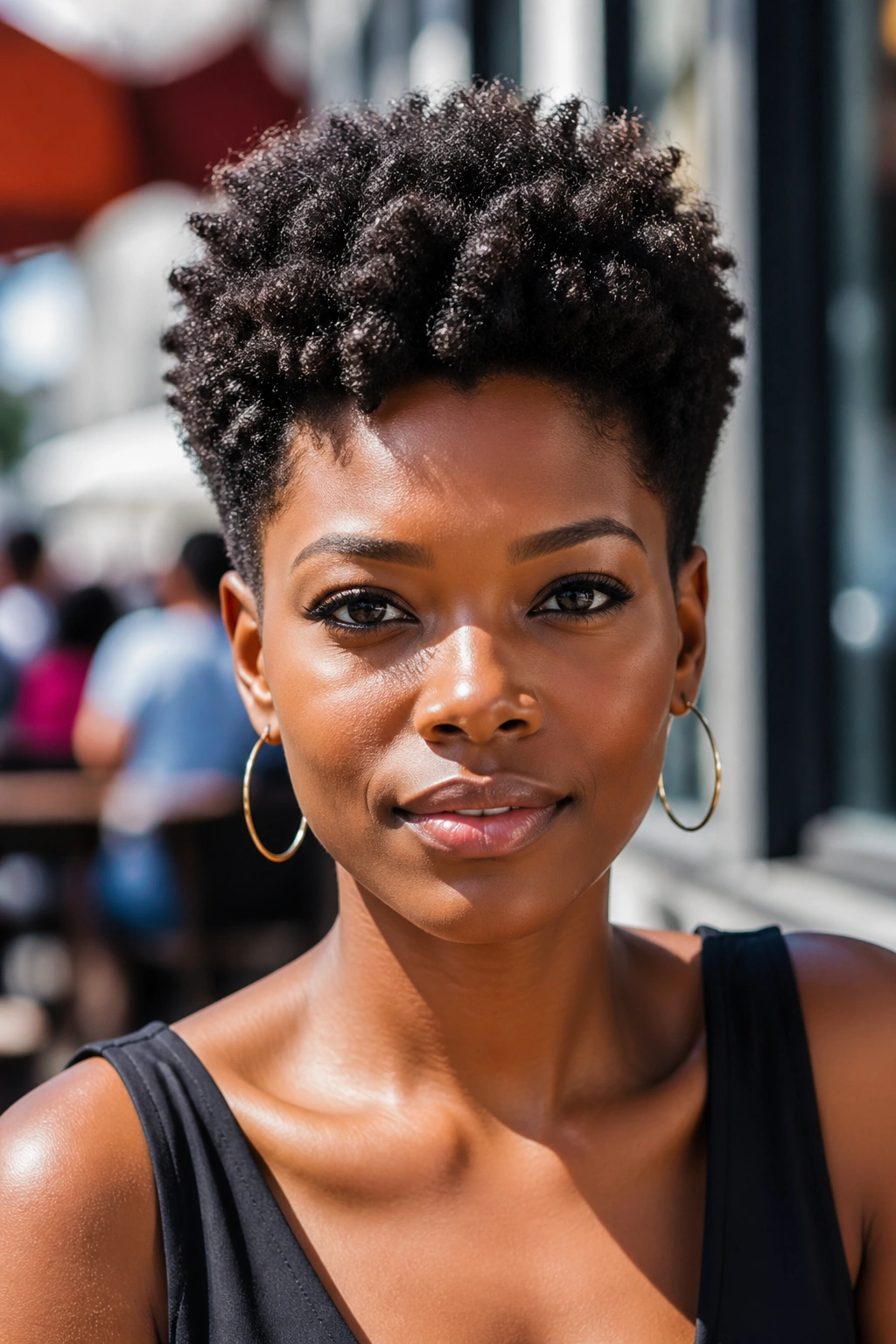 Close-up portrait of a real woman with a short afro showing crown height and tapered sides in daylight