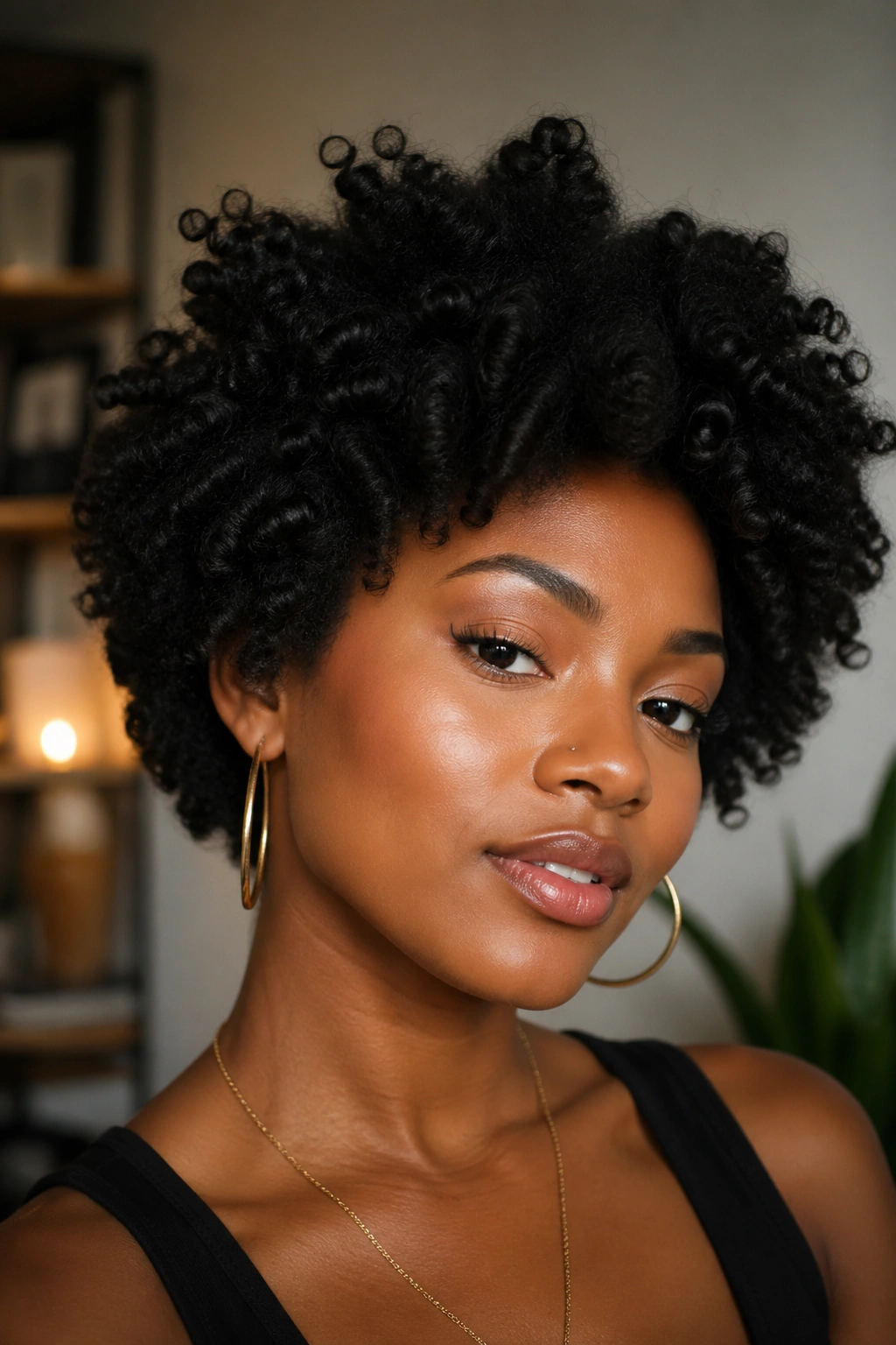 Portrait showing an Afro hairstyle framed to highlight head shape and facial features.