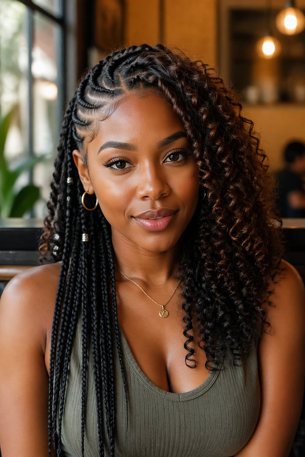 Portrait showing braided side and voluminous curls balanced for face shape.