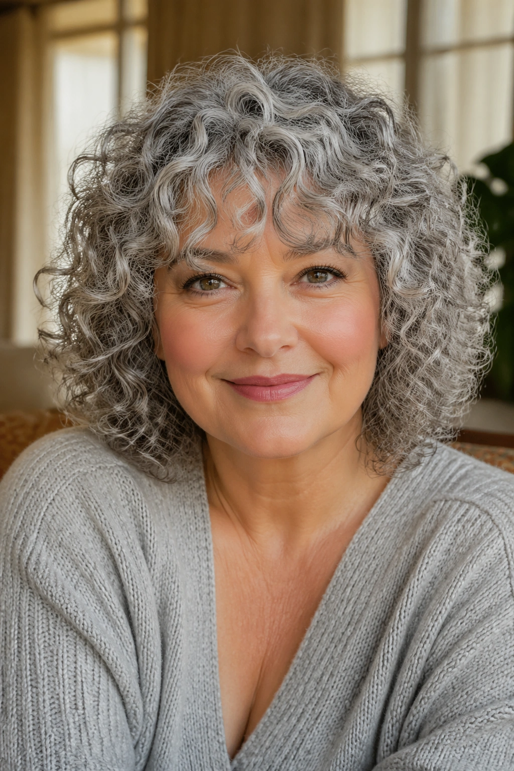 Portrait showing how grey curly bangs frame a round face.