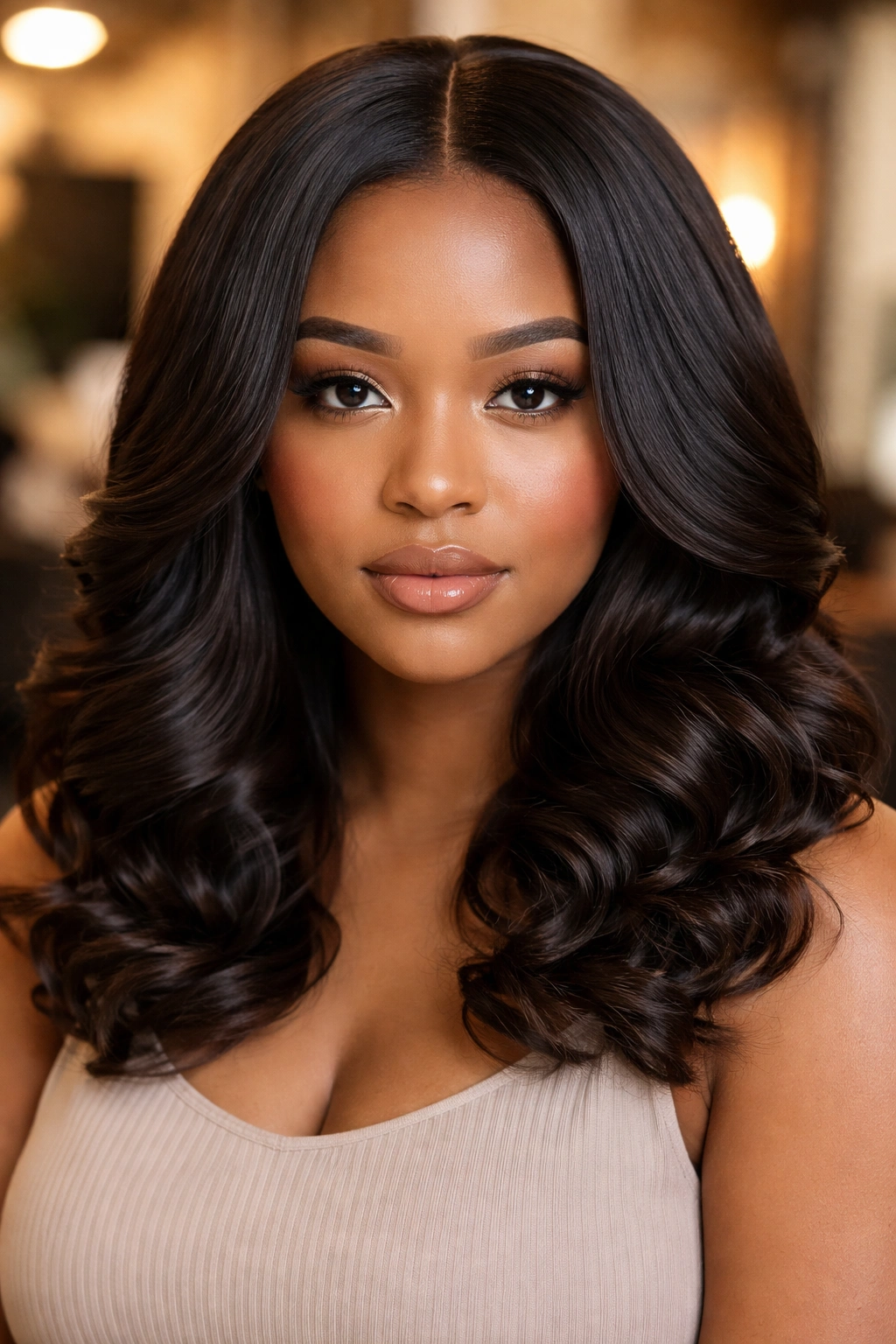 Real person with center-part silk press and balanced curls for a round face