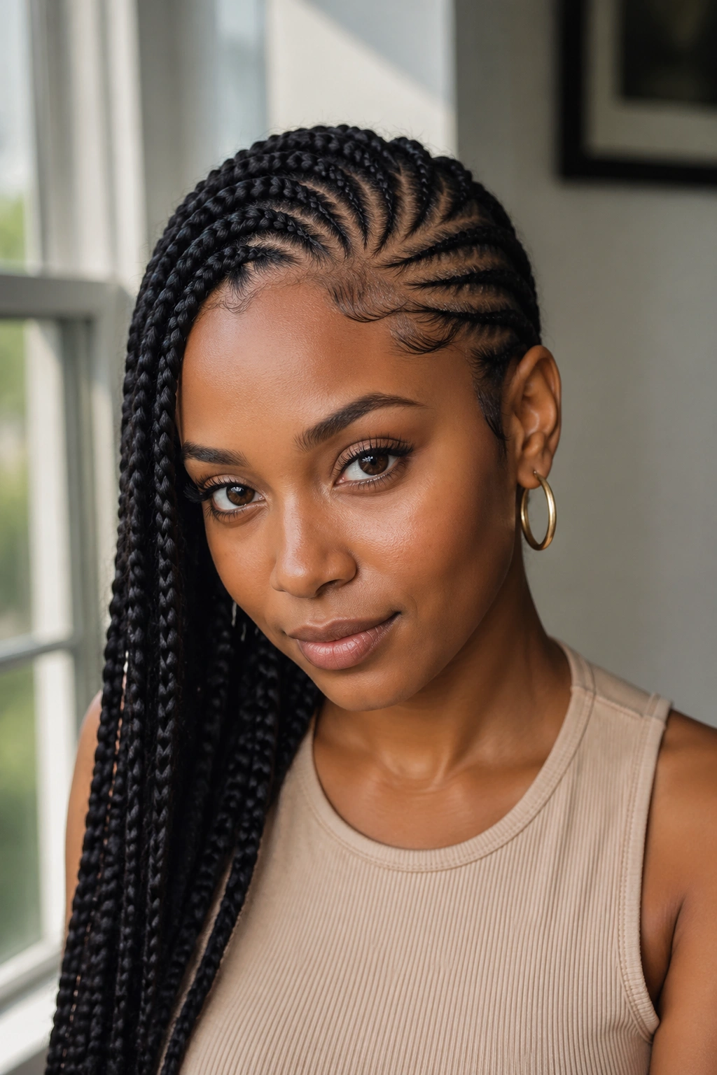 Portrait of a person with a face-shape-flattering side cornrow style