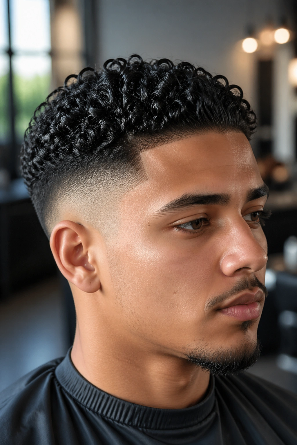 Close-up of a real person with fade sides and clearly defined crown curls