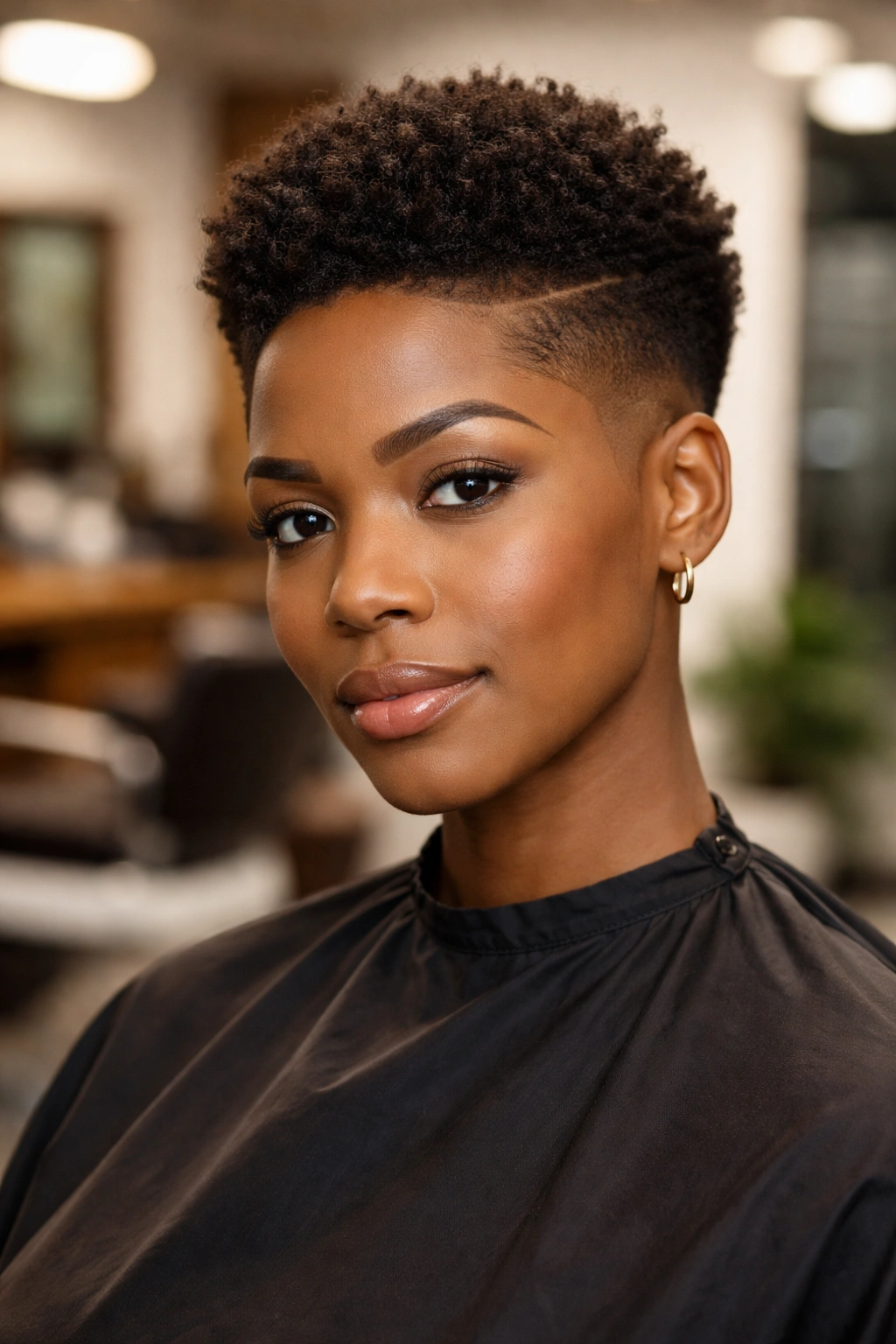 Close-up portrait of a real woman showing a crisp fade with a natural top