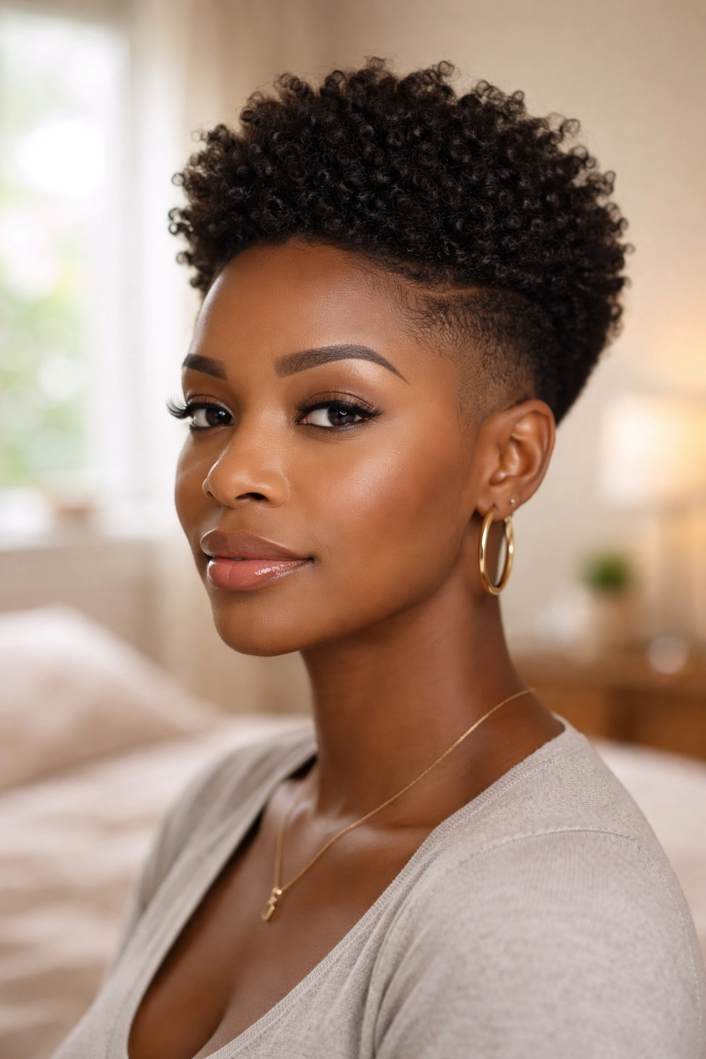 Portrait of a woman with a natural fade and top-length coils in a softly lit bedroom