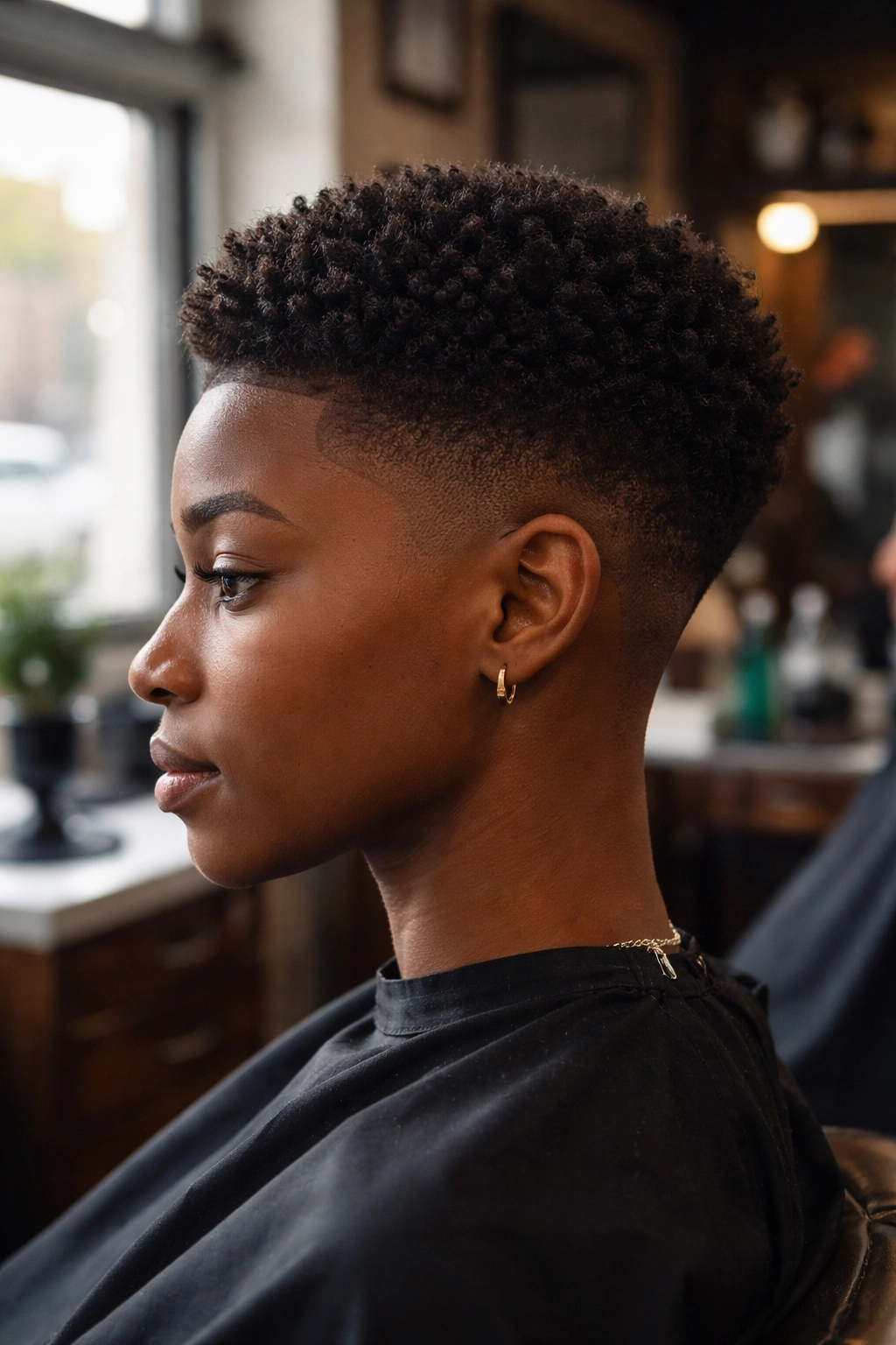 Side profile of a real person showing a high fade on a small afro silhouette.