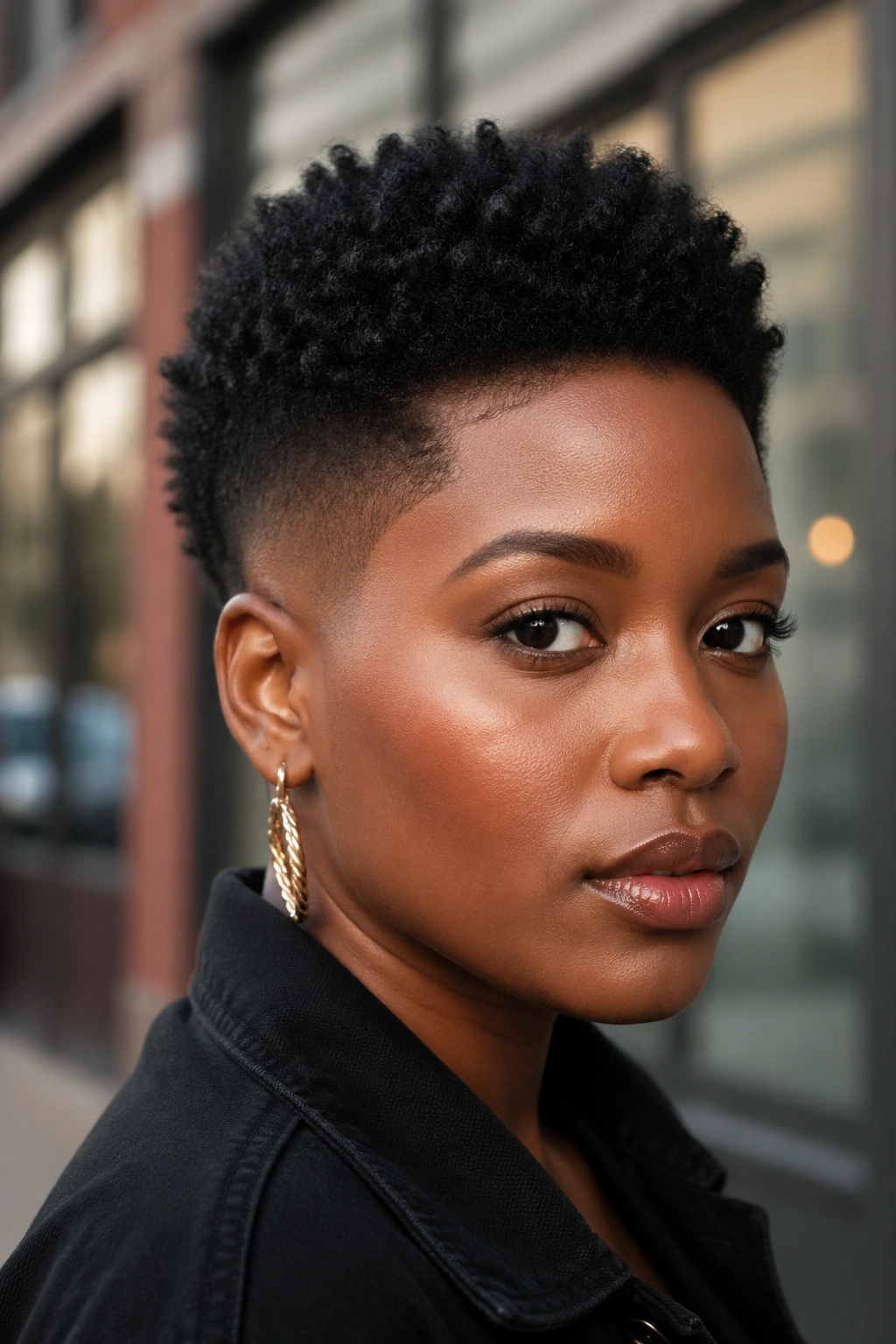 Portrait of a real woman with a faded-edge TWA hairstyle.