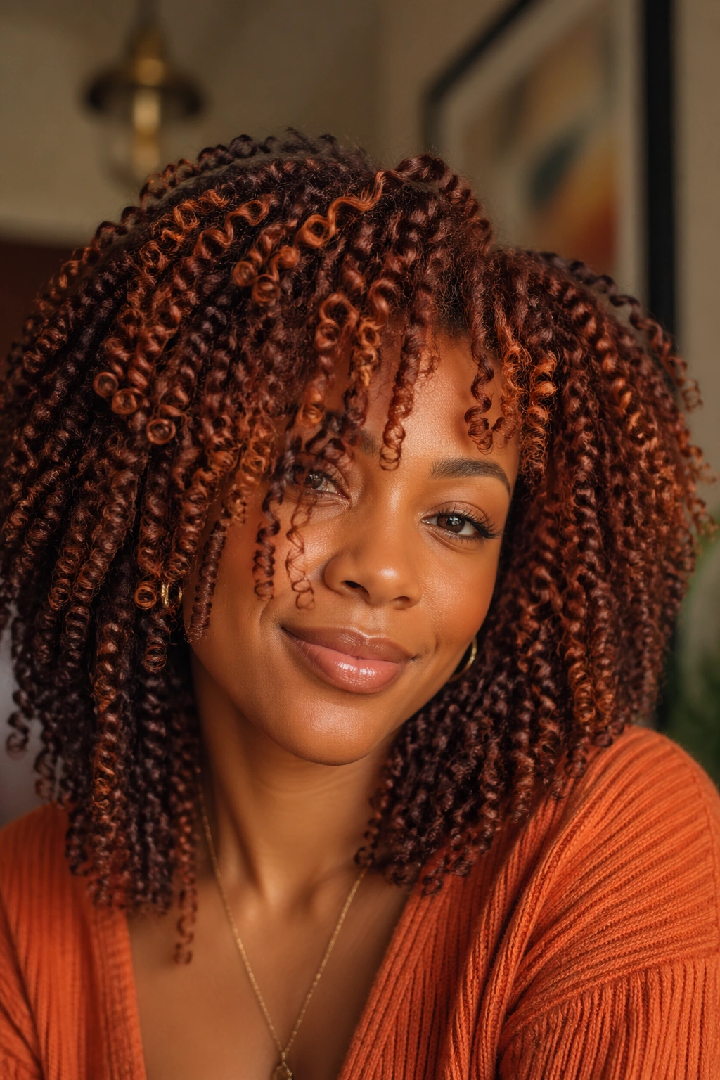 Real person with caramel and burgundy fall color hair in autumn light.