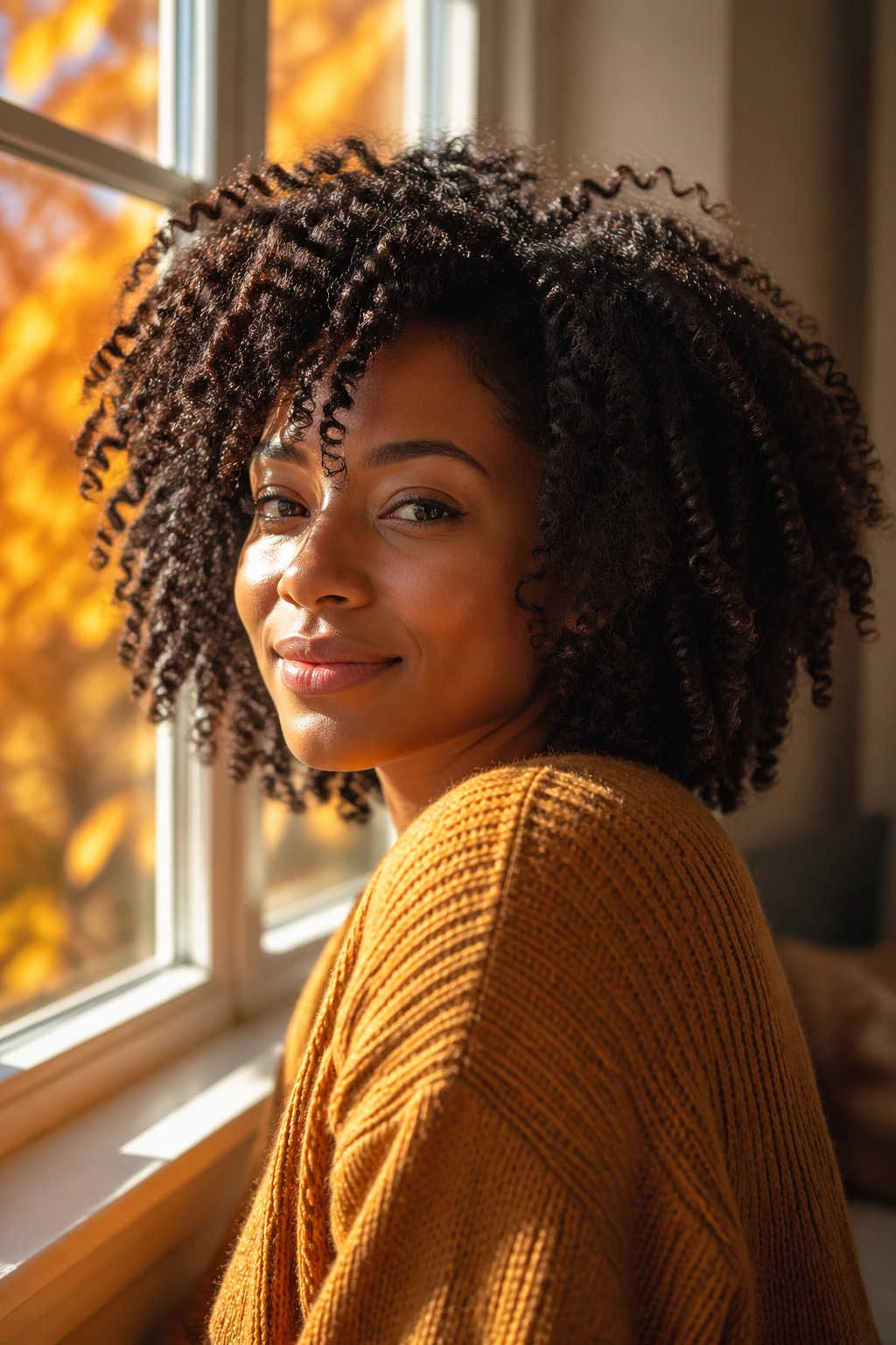 Close-up portrait of a real person with curly natural hair in warm autumn light.