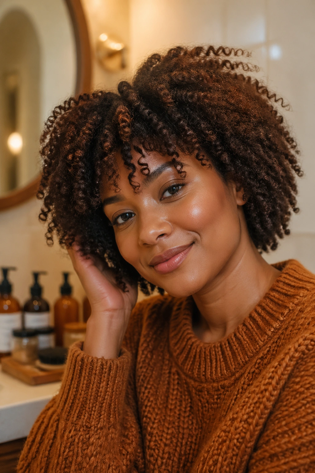 Real person with hydrated curls in a cozy fall bathroom setting.