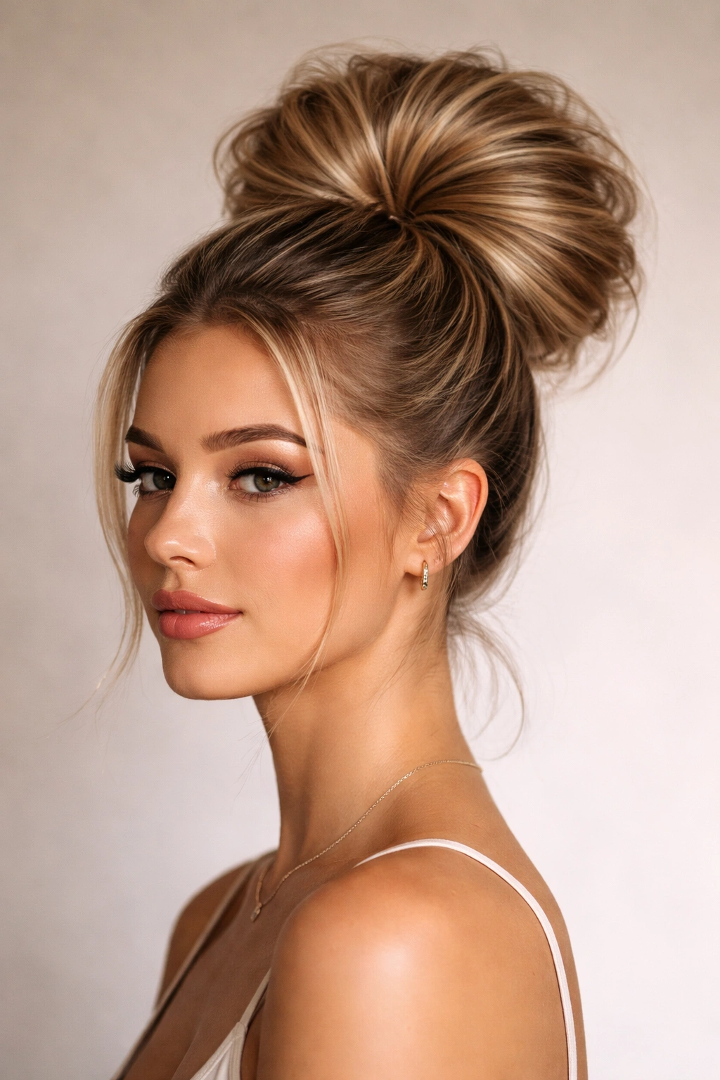 Close-up of a fanned-out bun with ends spread in a rounded arc showing volume from front and side