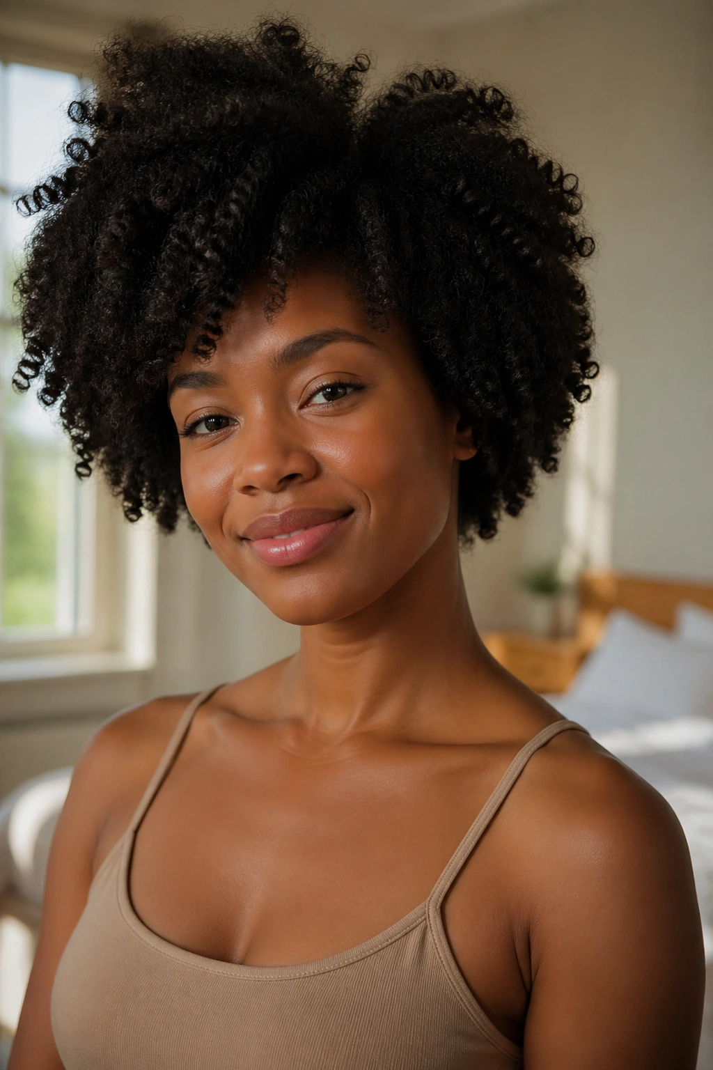 Close-up portrait of a real woman with a fast, face-framing afro hairstyle in morning light