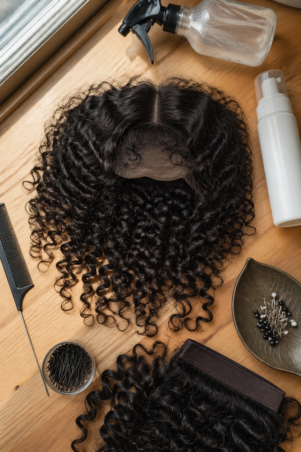 Overhead flat-lay of faux bang curly frontal with styling tools