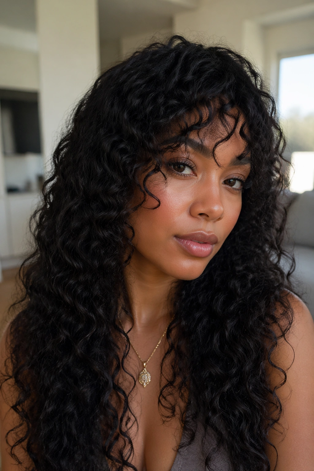 Portrait of a woman with faux bangs created by leave-out curly sew-in.