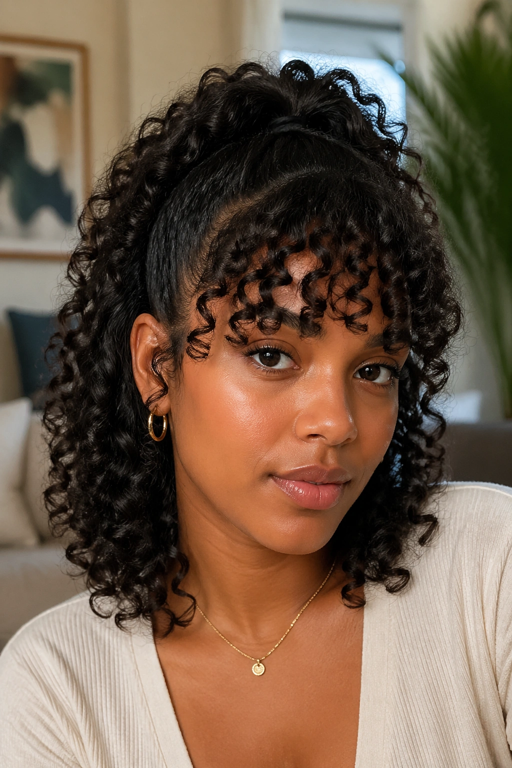 Real person showing faux bangs with a front section pulled forward
