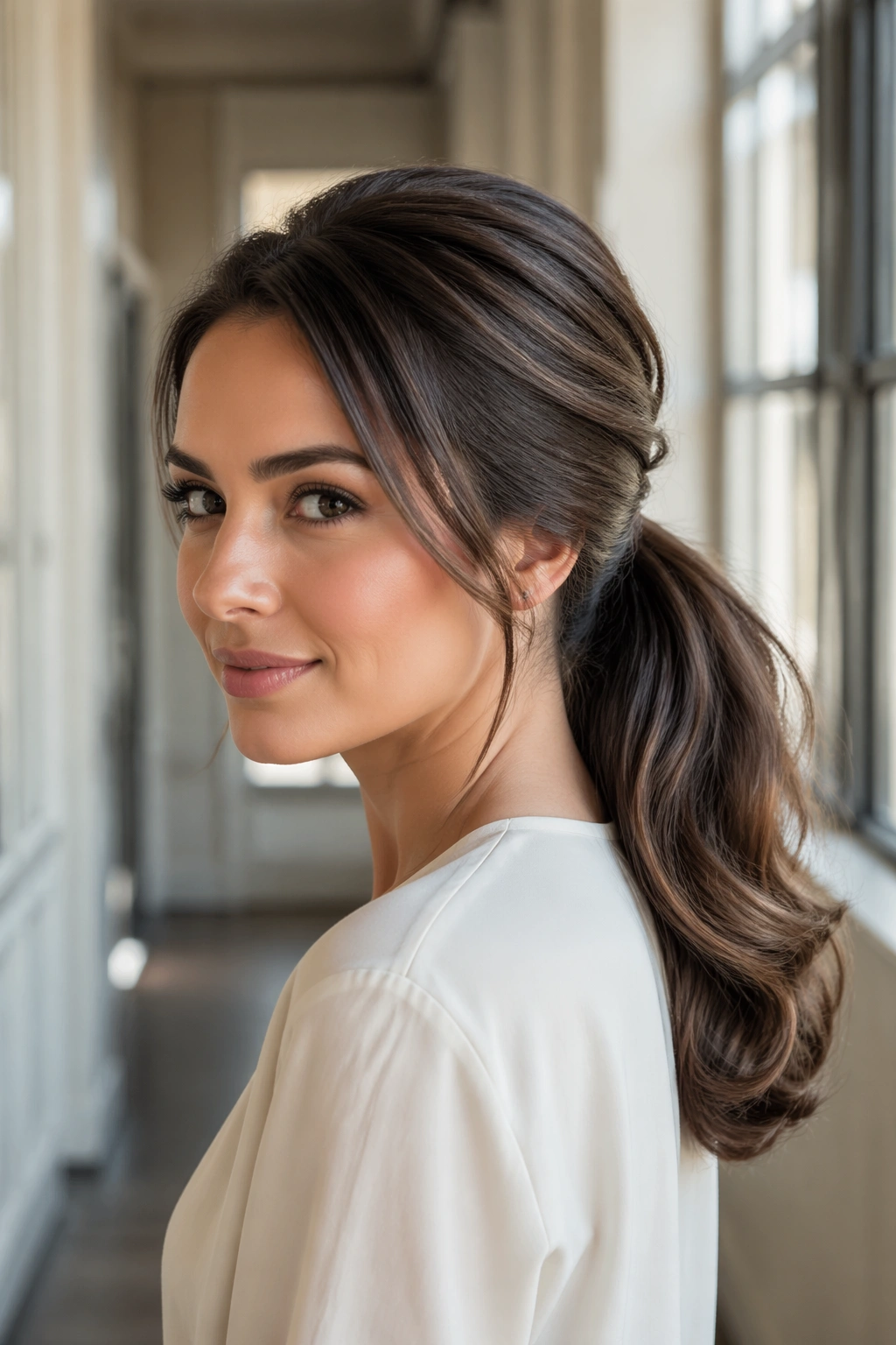 Close-up of a real woman with a faux blowout low ponytail showing rounded crown and curled ends