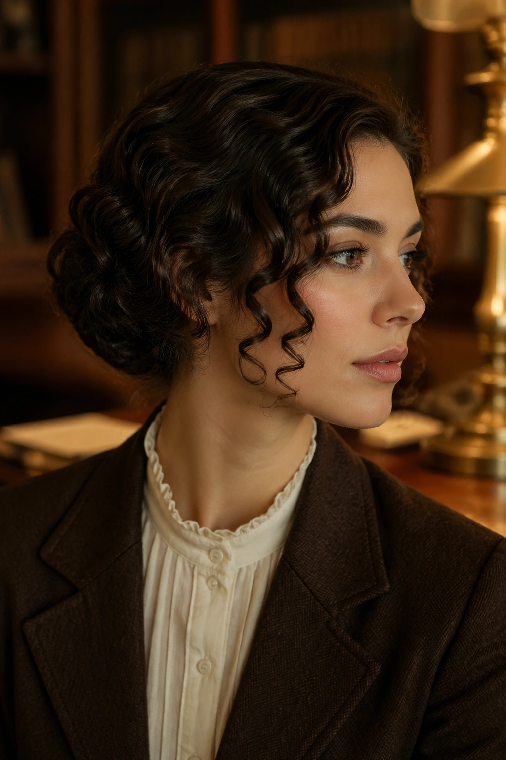 Close-up portrait of a woman with a pin-curled faux bob in a vintage study.