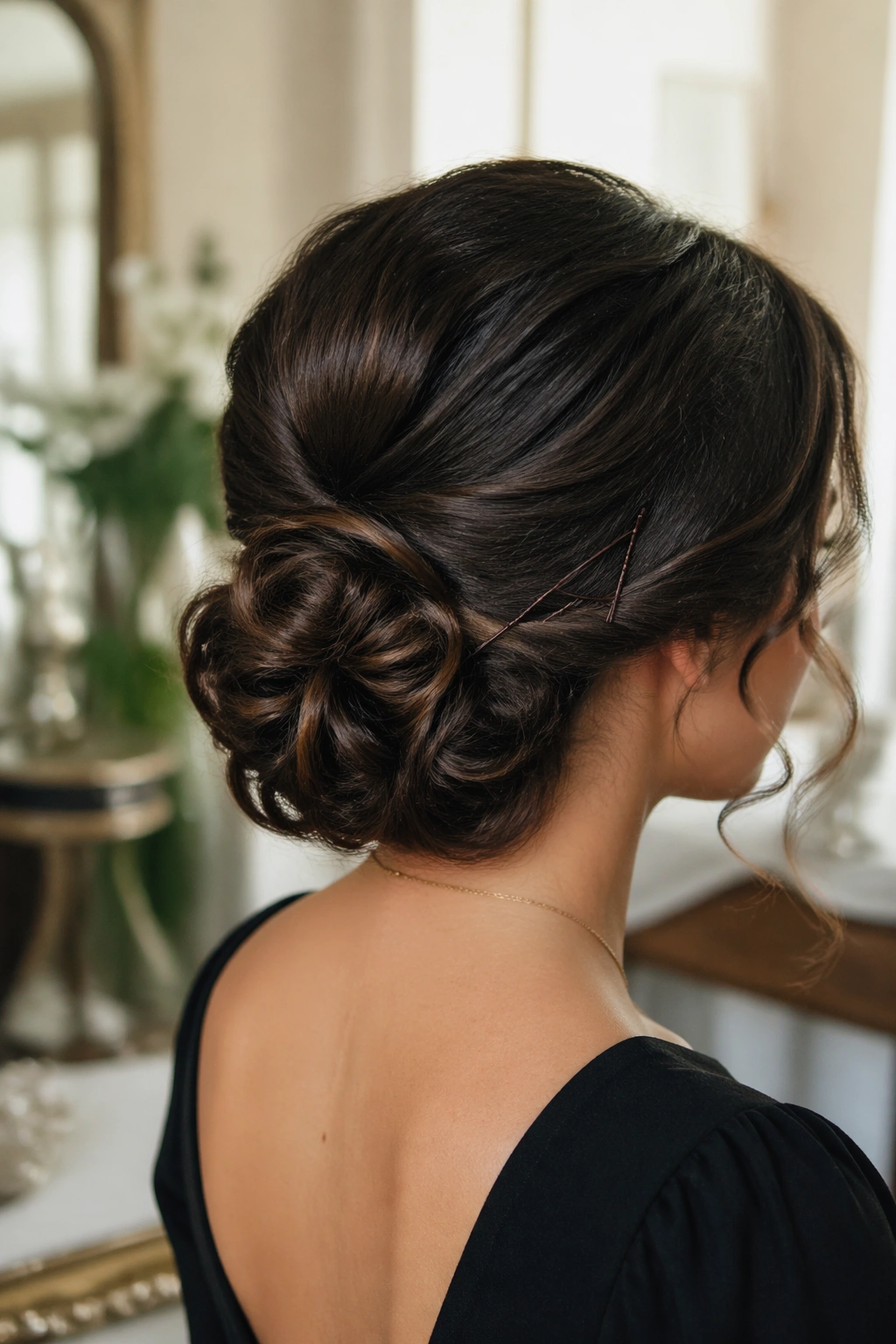 Medium close-up of a woman showcasing a faux bob tuck at the nape with long curls