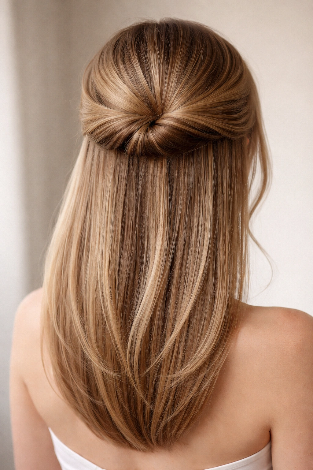 Back view of faux-bob half-up hairstyle with rolled top and long straight bottom