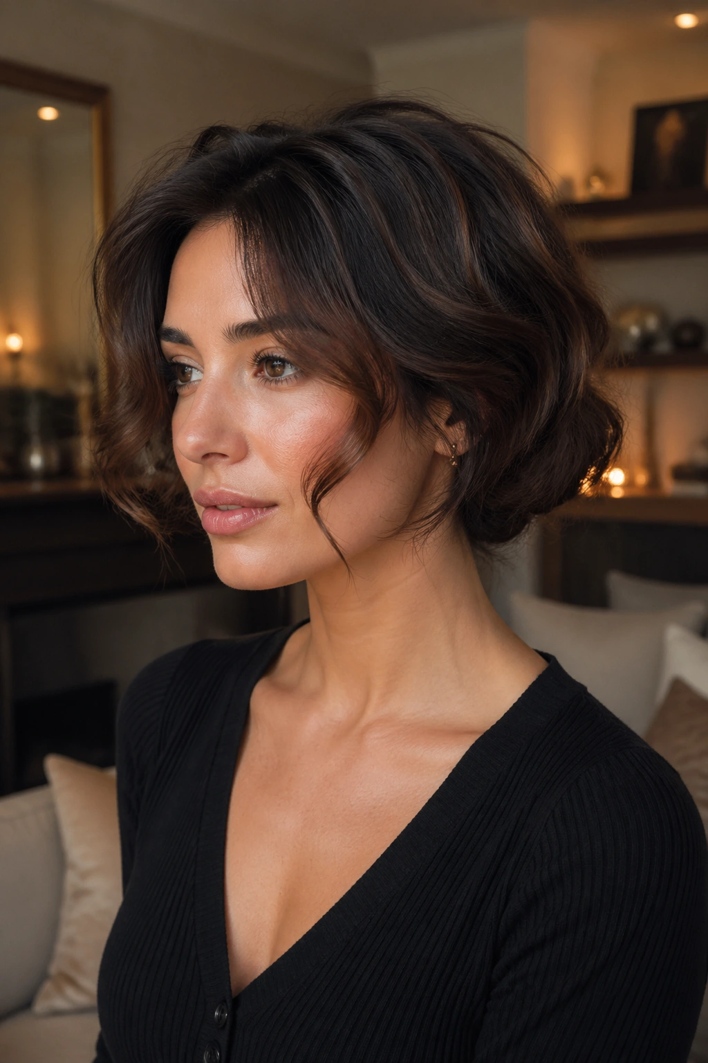 Close-up of a real woman with a faux bob and hidden pins in a stylish room