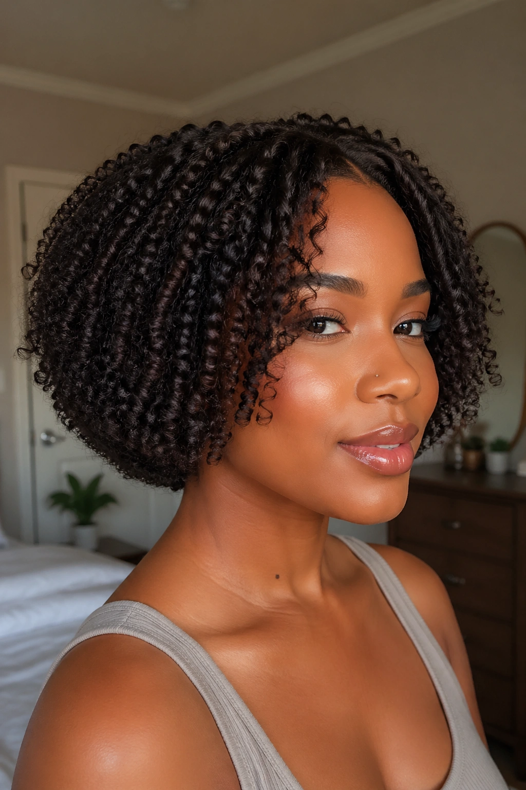 Close-up of a real woman with a faux bob on natural afro hair, chin-length silhouette.