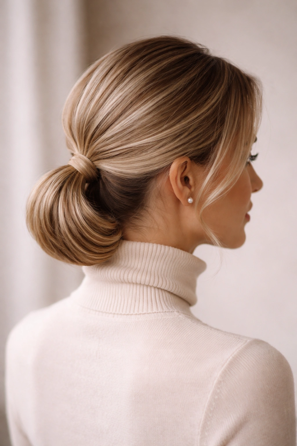 Back view of tucked-in faux bob pony with ends tucked and pins securing a rounded bob look