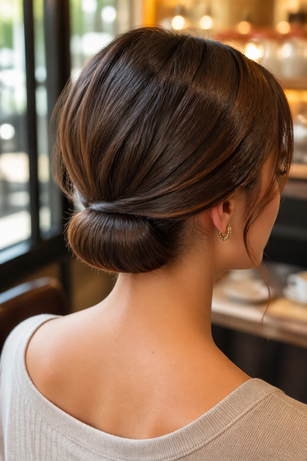 Back view of a real woman with a faux bob created by folding a ponytail under