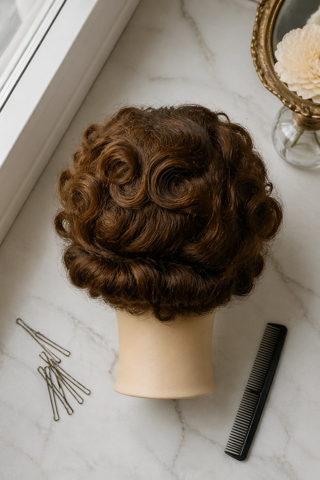 Overhead flat-lay of a faux bob with tucked ends on a head form.